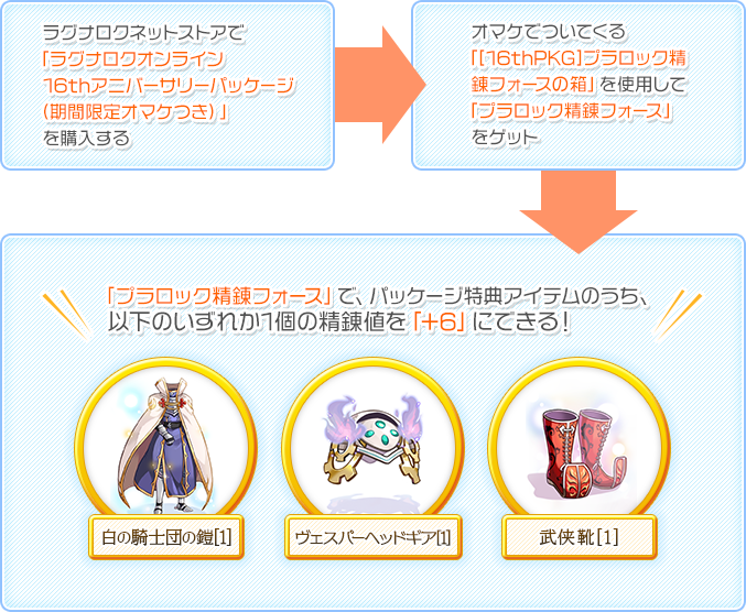 「プラロック精錬フォース」で、パッケージ特典アイテムのうち、以下のいずれか1個の精錬値を「+6」にできる！