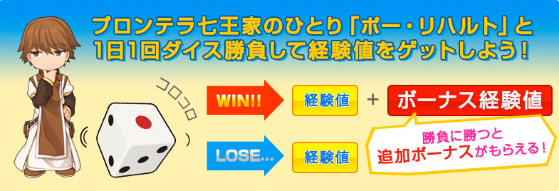 プロンテラ七王家のひとり「ポー・リハルト」と 1日1回ダイス勝負して経験値をゲットしよう！