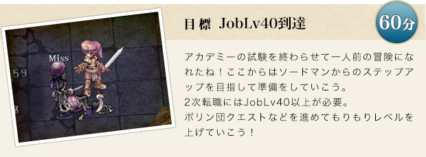 アカデミーの試験を終わらせて一人前の冒険になれたね！ここからはソードマンからのステップアップを目指して準備をしていこう。2次転職にはJobLv40以上が必要。ポリン団クエストなどを進めてもりもりレベルを上げていこう！