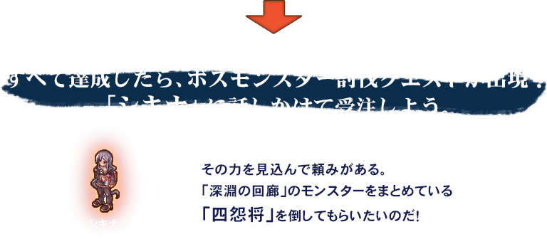 すべて達成したら、ボスモンスター討伐クエストが出現！「シキナ」に話しかけて受注しよう。