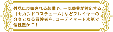外見に反映される装備や、一部職業が対応する「セカンドコスチューム」などプレイヤーの分身となる冒険者を、コーディネート次第で個性豊かに！
