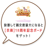 投票で親愛度最大になると[衣装]18周年杵ボードをゲット！