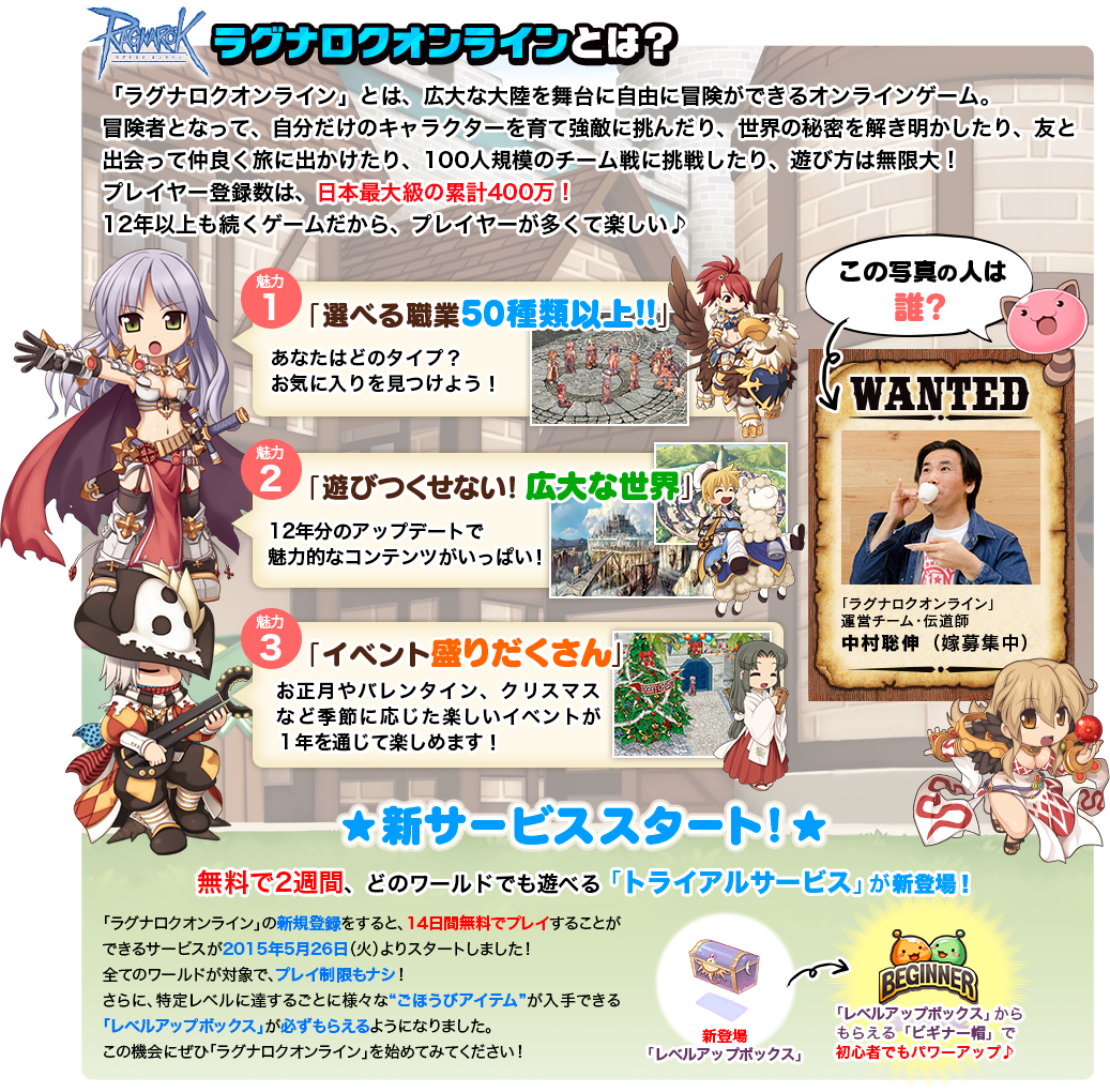 ラグナロクオンラインとは？ 「ラグナロクオンライン」とは、広大な大陸を舞台に自由に冒険ができるオンラインゲーム。冒険者となって、自分だけのキャラクターを育て強敵に挑んだり、世界の秘密を解き明かしたり、友と出会って仲良く旅に出かけたり、100人規模のチーム戦に挑戦したり、遊び方は無限大！プレイヤー登録数は、日本最大級の累計400万！12年以上も続くゲームだから、プレイヤーが多くて楽しい♪