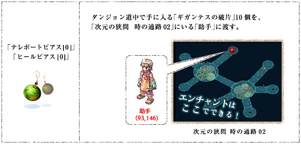 「テレポートピアス[0]」「ヒールピアス[0]」ダンジョン道中で手に入る「ギガンテスの破片」10個を、「次元の狭間　時の通路02」にいる「助手」に渡す。