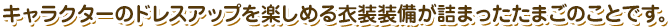 キャラクターのドレスアップを楽しめる衣装装備が詰まったたまごのことです。