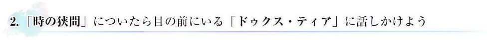2. 「時の狭間」についたら目の前にいる「ドゥクス・ティア」に話しかけよう