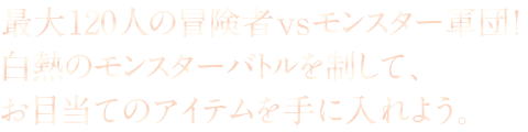 最大120人の冒険者vsモンスター軍団！白熱のモンスターバトルを制して、お目当てのアイテムを手に入れよう。
