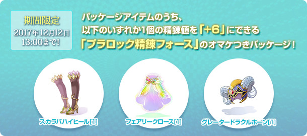 パッケージ特典アイテムのうち、いずれか1個の精錬値を「+6」にできる「プラロック精錬フォース」のオマケつきパッケージ！