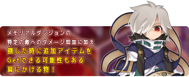 特定メモリアルダンジョンのボスへのダメージ増加に加え倒した時に追加アイテムをGetできる可能性もある肩にかける物!